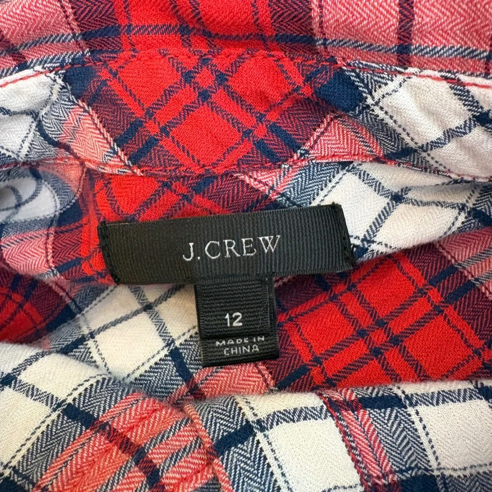 J.Crew Shrunken Boy Shirt Cerise Plaid Red Navy Cotton Flannel Cabincore Size 12
